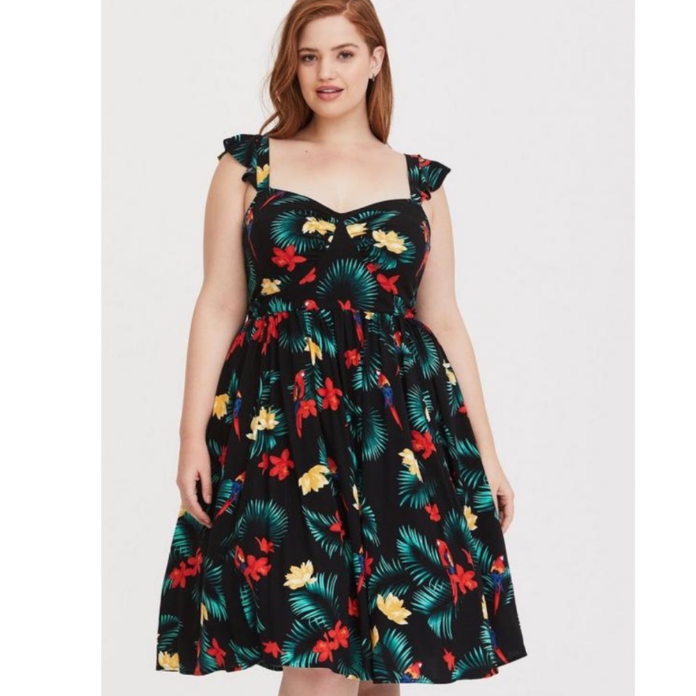 Torrid Retro Chic Tropical Parrot Midi Pinup Girl Dress